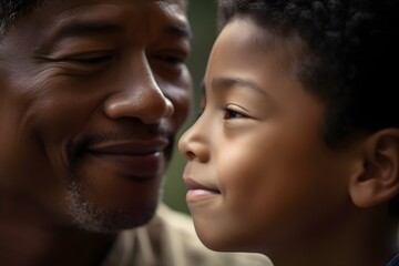 Obraz premium Happy African american father and son looking at each other in the park. Generative AI