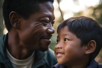 Happy African american father and son looking at each other in the park. Generative AI