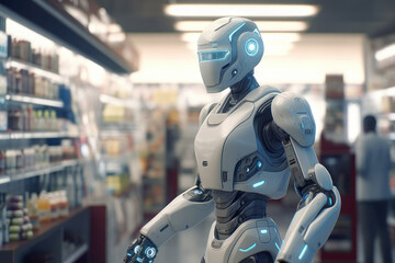 Robot in the store, shopping of the future. AI generative.