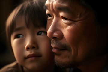 Happy Asian father and son looking at each other in the park