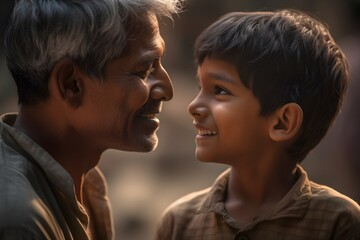Happy Indian father and son looking at each other in the park - obrazy, fototapety, plakaty