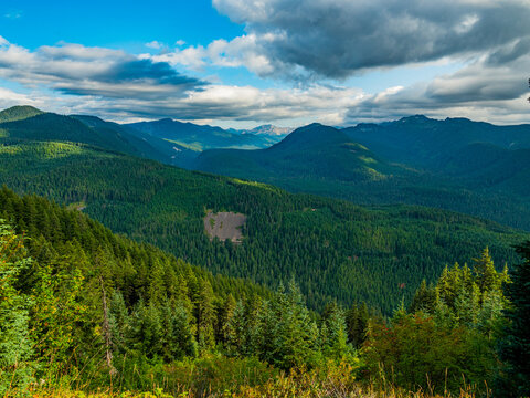 Beautiful valley on a background of snowy and dack mountains. View from NF44. Mount Rainier