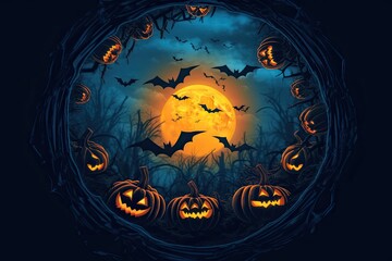 Halloween round frame of tree branches, Jack-o'-lantern pumpkins, bats, bright yellow moon on blue.