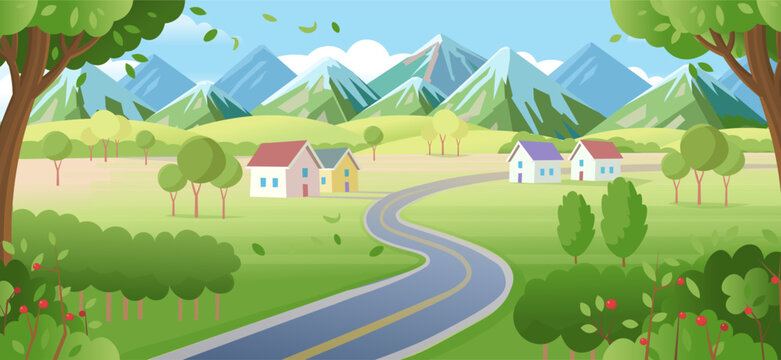 Suburb houses with road and city buildings on skyline in summer. Landscape with winding road, suburban houses and skyscrapers on the horizon.village, beautiful nature, clean air.  Vector cartoon style