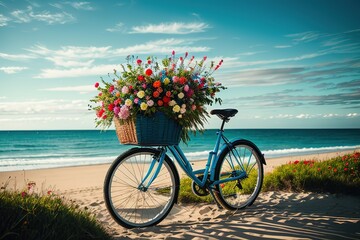 Fototapeta na wymiar Bicycle with a basket of flowers on the sea coast on white sand, generative ai.