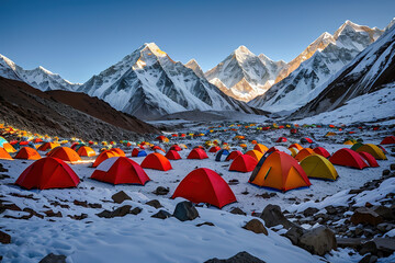 High mountain camping with tents in the Himalayas, intermediate camp before climbing, Generative AI.