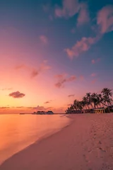 Foto auf Acrylglas Koralle Fantastic closeup view of calm sea water waves with orange sunrise sunset sunlight. Tropical island beach landscape, exotic shore coast. Summer vacation, holiday amazing nature scenic. Relax paradise