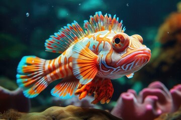 Fototapeta premium The Mandarin fish, one of the most colorful saltwater fish AI generative