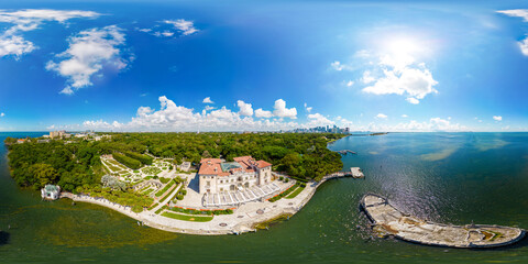 Aerial 360 equirectangular spherical photo Vizcaya Gardens and Museum Miami 2023 - obrazy, fototapety, plakaty