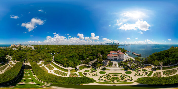 Aerial drone 360 Miami Vizcaya Museum and Gardens Coconut Grove waterfront landmark