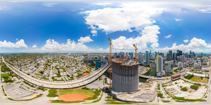 Aerial 360 panorama The River District construction site Downtown Miami River Brickell