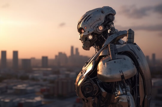 Robot on the background of the city at sunset. The concept of the future, technology. AI generative.