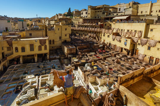 Morocco. Fez. The Chouara tannery is the largest of the four traditional tanneries still present in the heart of the Fez el-Bali medina.