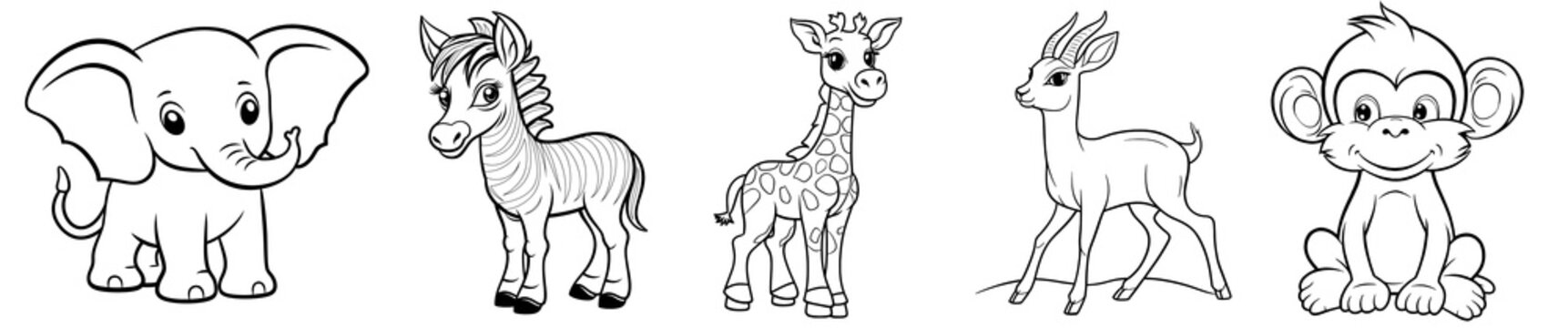 African cute animals - Elephant, Zebra, Giraffe, Monkey and Gazelle, simple thick lines kids or children cartoon coloring book pages. Clean drawing can be vectorized to illustration. Generative AI