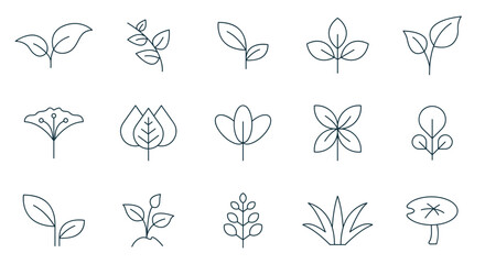 leaf icon set line style. Leaves of trees and plants, Leaves icon Collection, design for natural, eco, bio, and vegan labels. Vector illustration.