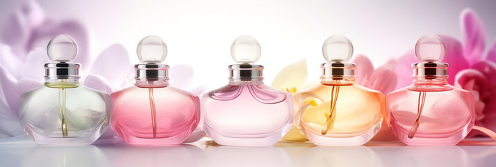 Fresh spring romantic, stylish transparent glass perfume bottles, banner, generative AI