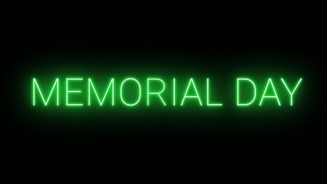 Flickering neon green glowing memorial day sign animated on black background