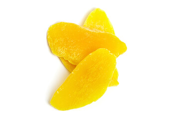 Fototapeta na wymiar Dried mango slices isolated on white background, top view. Candied mango fruits
