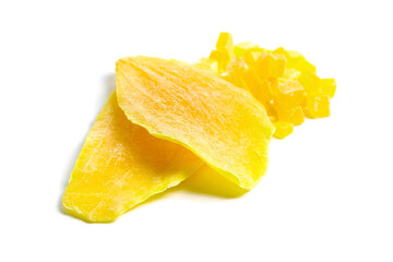 Dehydrated mango slices and cubes isolated on white. Candied diced mango fruits closeup