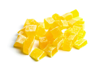 Diced mango dried fruits isolated on white background. Dehydrated mango chips dices