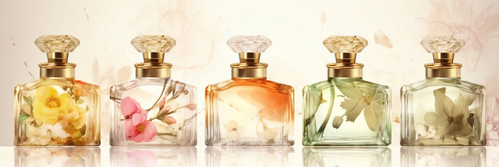 Fresh spring romantic, stylish transparent glass perfume bottles, banner, generative AI - obrazy, fototapety, plakaty