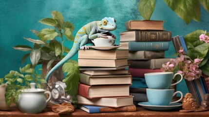 A cleverly disguised chameleon blending into a background of various household objects, such as a stack of books, a potted plant, and a coffee mug - Generative ai - obrazy, fototapety, plakaty