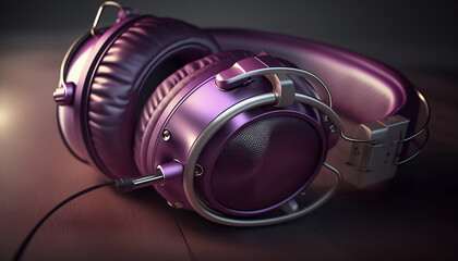 Fototapeta na wymiar Modern purple headphones on a wooden table. Generated AI