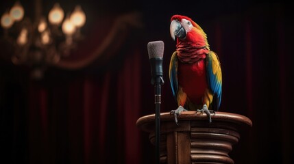 A parrot perched on a mini podium, holding a tiny microphone, seemingly engaged in a hilarious stand-up comedy routine - Generative ai - obrazy, fototapety, plakaty