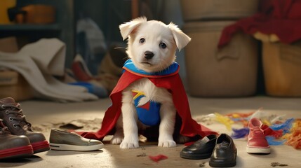 A mischievous puppy wearing a superhero cape and striking a heroic pose, with a pile of scattered chewed-up shoes in the background - Generative ai