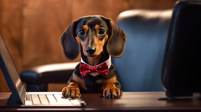 A Dachshund Dressed In A Bowtie And Sitting At A Miniature Desk, Pretending To Work On A Tiny Laptop With A Comically Serious Expression - Generative Ai