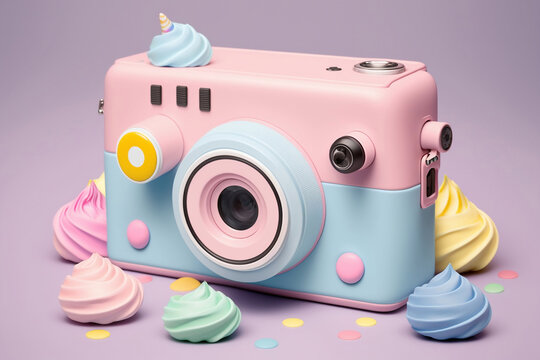 cute pastel kawaii photo camera on the colorful background. Generated AI
