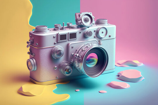 cute pastel kawaii photo camera on the colorful background. Generated AI