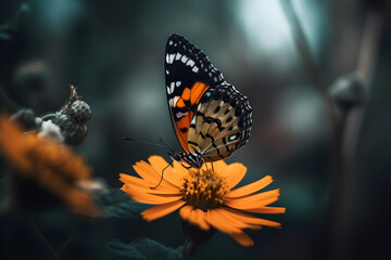 Fototapeta na wymiar a butterfly on an orange flower with blurry background - generative ai