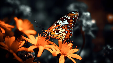 Fototapeta na wymiar a butterfly on an orange flower with blurry background - generative ai