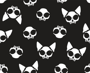 Cat skulls seamless vector pattern. Cute gothic black and white wallpaper. Design for textile and backgrounds. 