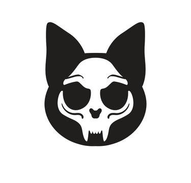 White cat Skull on dark cat head silhouette. Vector logo. Clip art. 