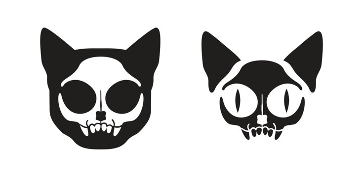 Set of cat black and white skulls isolated on a background. Vector clip art. 