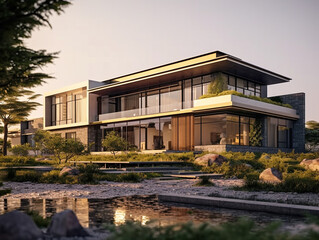 Fototapeta premium The view of the exterior facade of a modern and luxurious 2-story house decorated with a beautiful landscape around it. Has a large and wide glass window for natural lighting of the interior space. 