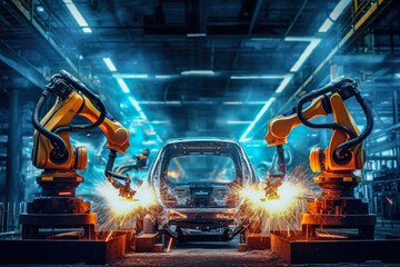 Assembly line and car assembly line with robots welding car steel in a car factory. Generative ai