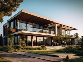 Fototapeta premium The view of the exterior facade of a modern and luxurious 2-story house decorated with a beautiful landscape around it. Has a large and wide glass window for natural lighting of the interior space. 