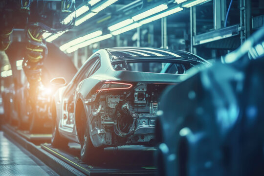 Assembly line and automobile production line with robots in a car factory. Generative ai