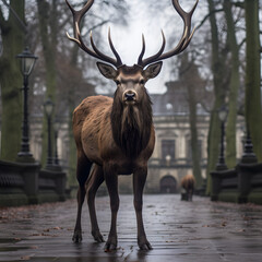 Fototapeta premium deer standing in the middle of a city on a bridge. blurred background. Generative AI.