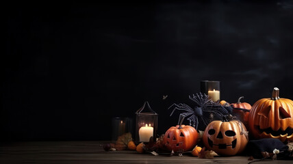 Jack lantern and candles on a black background. Photorealistic illustration generative AI.