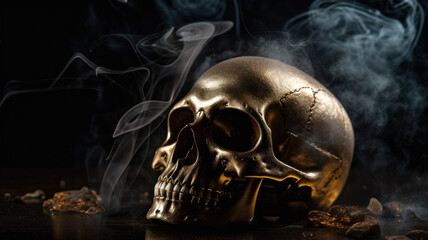 Golden skull with smoke on a black background. Halloween decor with copy space. Photorealistic illustration generative AI.