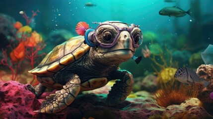 A curious turtle wearing a tiny snorkel and goggles, exploring a mini underwater world with seashells and colorful fish decorations - Generative ai - obrazy, fototapety, plakaty