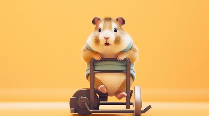 A chubby hamster sitting on a mini exercise bike, pedaling away with determination while wearing a sweatband and tiny weights nearby - Generative ai