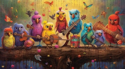 A group of small birds dressed as musicians, forming a feathered band with each bird playing a different musical instrument, against a backdrop of colorful musical notes - Generative ai