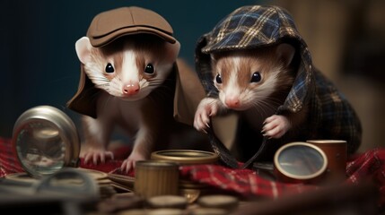 A pair of mischievous ferrets wearing tiny detective hats, peering through a magnifying glass at a 'mystery' pile of socks - Generative ai
