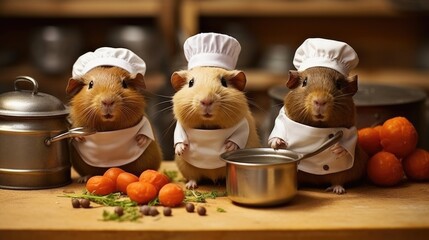 A trio of cute guinea pigs wearing chef hats, collaborating in a mini kitchen as they 'cook' tiny meals with miniature pots and pans - Generative ai - obrazy, fototapety, plakaty