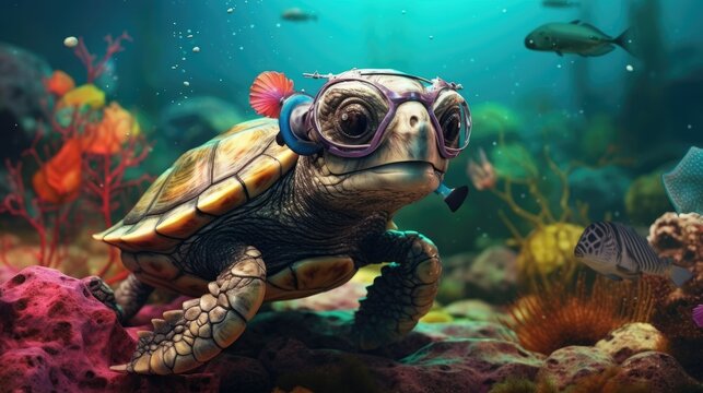 A curious turtle wearing a tiny snorkel and goggles, exploring a mini underwater world with seashells and colorful fish decorations - Generative ai